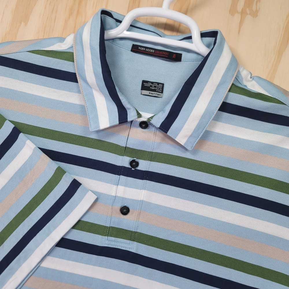 Nike Tiger Woods Collection Polo Shirt Mens XXL Blue Green Striped Golf TW Logo - Picture 1 of 10